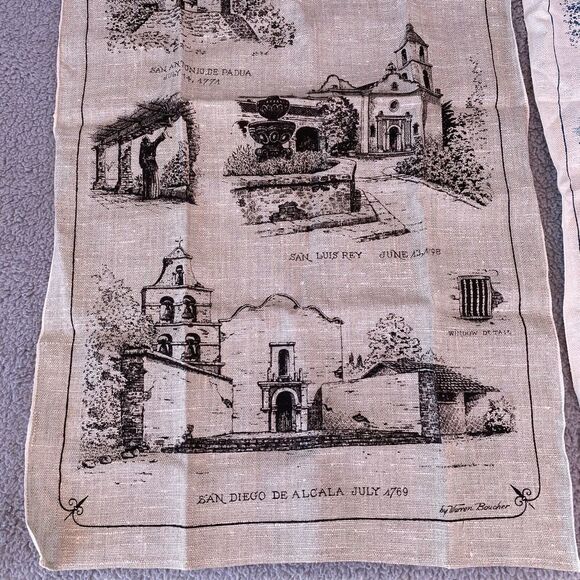 2 Vtg Kay Dee HandPrints California Missions 100% Pure Linen Kitchen Tea Towels - Picture 12 of 16